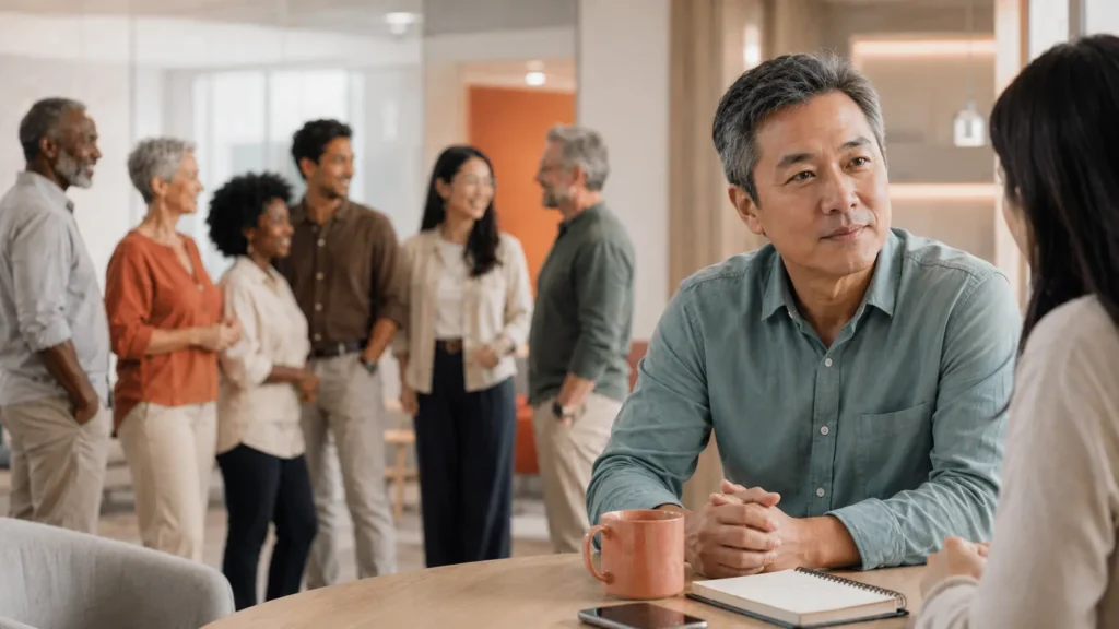 Homem em conversa individual com uma mulher em primeiro plano e grupo diverso de pessoas ao fundo, ilustrando a diferença entre público-alvo e persona
